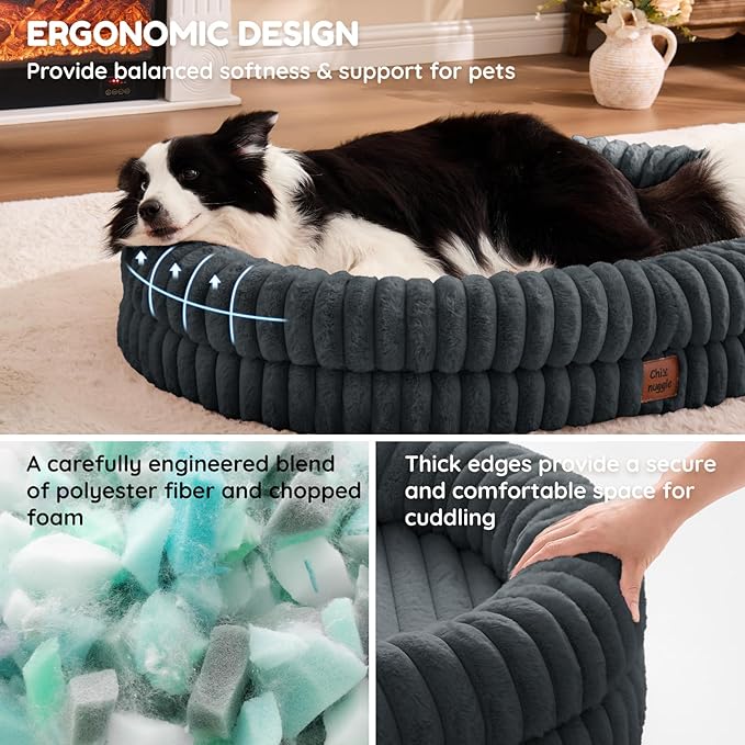ChiXnuggle XL Dog Bed - Luxury Striped Faux Fur Waterproof Pet Couch with Removable Washable Cover, Orthopedic Dog Bed with Bolster Sides for Sleeping, Dark Grey