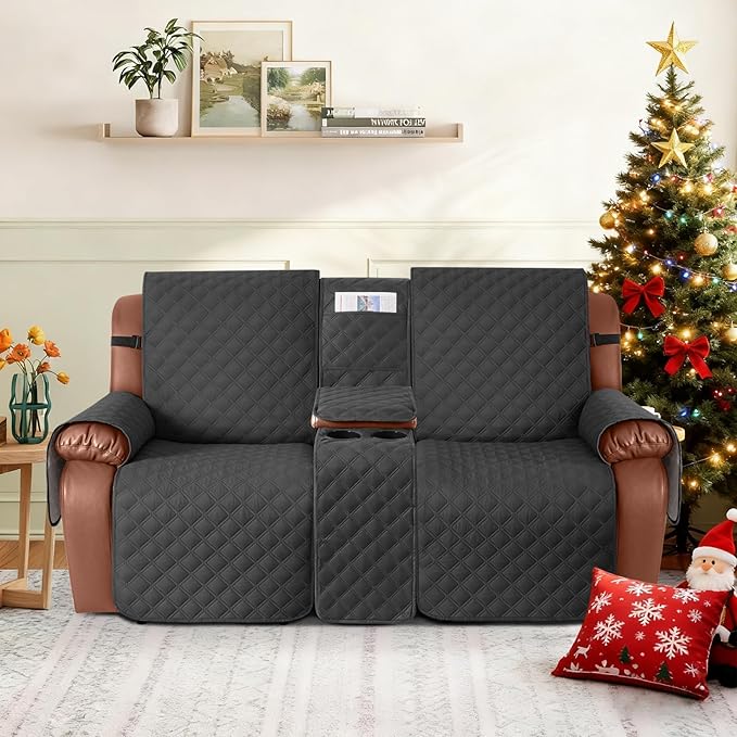 Ruaozz Waterproof Loveseat Recliner Cover with Console Non-Slip Reclining Couch Covers Split Sofa Slipcovers with Elastic Straps Furniture Protector for Kids, Dogs, Pets (Charcoal Grey,2 Seater)