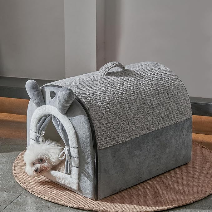 Jiupety Small Dog House Indoor, Cat House with Door Curtain Design, Puppy House with Reversible Washable Cushion, M Size Portable Pet Cave for 7-13 lb Cats and 5-11 lb Dogs, Non-Slip Bottom, Grey