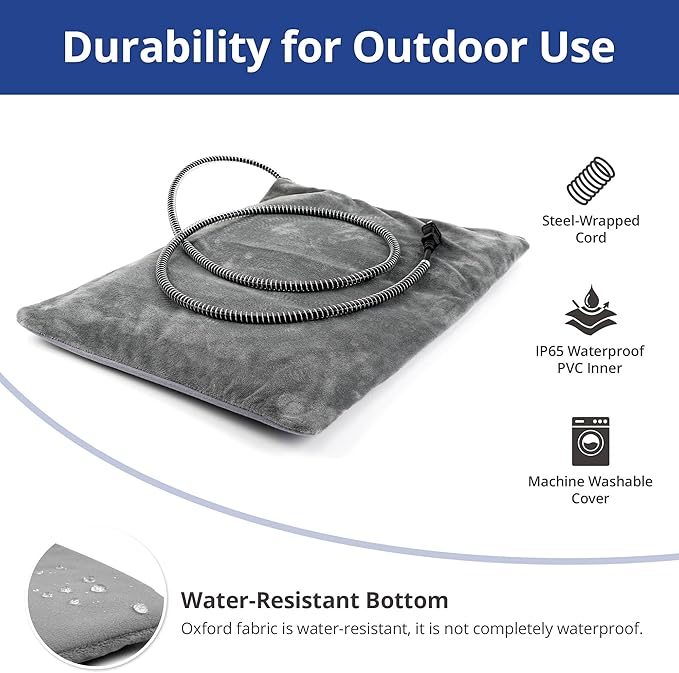 Outdoor Heated Cat Bed, Soft Pet Heating Pad with Steel-Wrapped Cord, Outside Pet Warmer for Feral Cats and Dogs, 27.5" x 15.7", 50 Watts