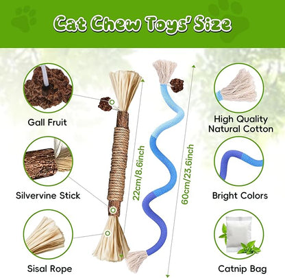 GBSYU Silvervine Sticks for Cats & Cat Chew Rope Toy with Refillable Natural Catnip Bag for Teeth Cleaning, Interactive Cat Catnip Toys for Indoor Cats, Kitten Teething Toys for All Breeds (8Pcs)
