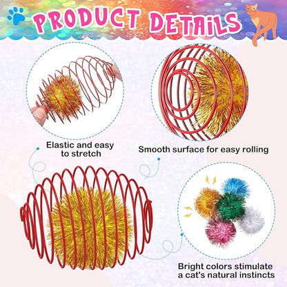Jecery 5 Pcs Cat Spring Toys Stretchable Rolling Balls Colorful Playful Coils Interactive Action Toy Caged Rats for Kitten Pet Supplies (Glitter Balls,Multicolor)