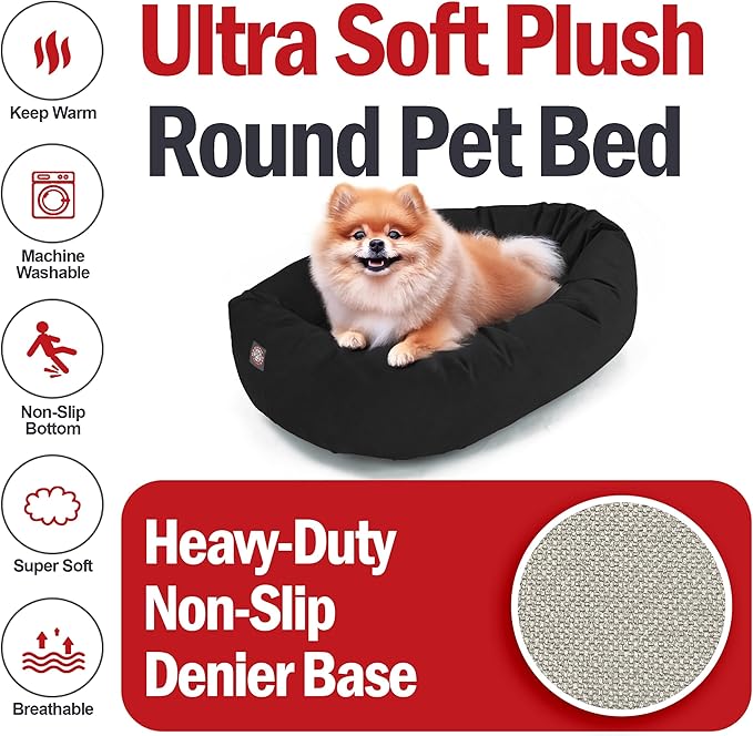 Majestic Pet Suede Shredded Memory Foam Mix Calming Dog Bed Washable - Cozy Soft Round Dog Bed with Spine for Head Support - Fluffy Donut Dog Bed, 24 Inch, Black
