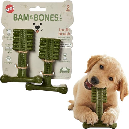 SPOT Bam-Bones Plus Toothbrush Dog Chew Toy 2-Pack for Small Dogs 10-30 lbs, Bamboo & Nylon Dental Chew with Mint & Baking Soda, T-Bone for Moderate to Heavy Chewers, 4 Inch