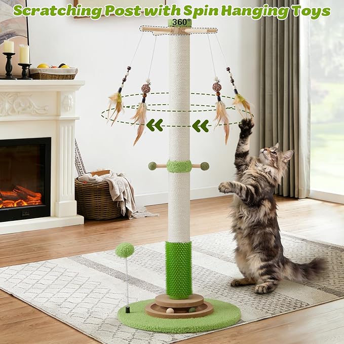 Cat Scratching Post, 38 Inch Tall Scratching Posts for Indoor Cats Adults and Kittens, Sisal Cat Scratch Post with Rotatable Hanging Toys, Rubber Brush, Mint Balls and Interactive Wooden Ball Track