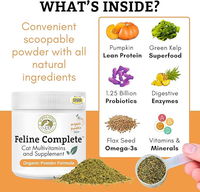 Wholistic Pet Organics Feline Complete Organic Pumpkin - 8 Oz - Multivitamin & Probiotic Powder for Cats - Natural Cat Food & Digestive Support - 75 Scoops