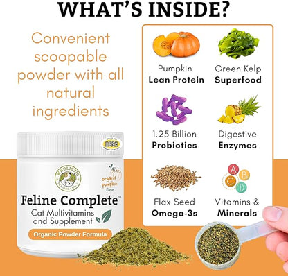 Wholistic Pet Organics Feline Complete Organic Pumpkin - 8 Oz - Multivitamin & Probiotic Powder for Cats - Natural Cat Food & Digestive Support - 75 Scoops