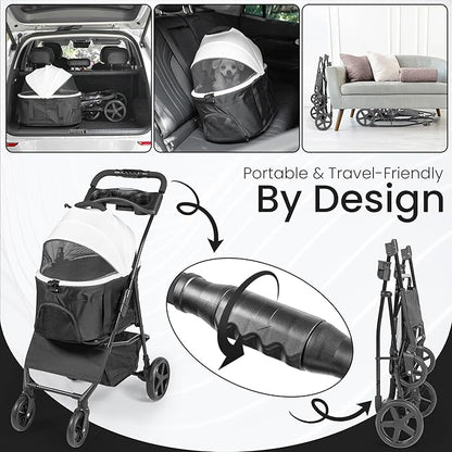 3-in-1 Folding Pet Stroller with Detachable Carrier – Lightweight Foldable Stroller for Cats & Dogs, Dog Carriers & Travel Products Solution with Safety Lock + Storage Basket