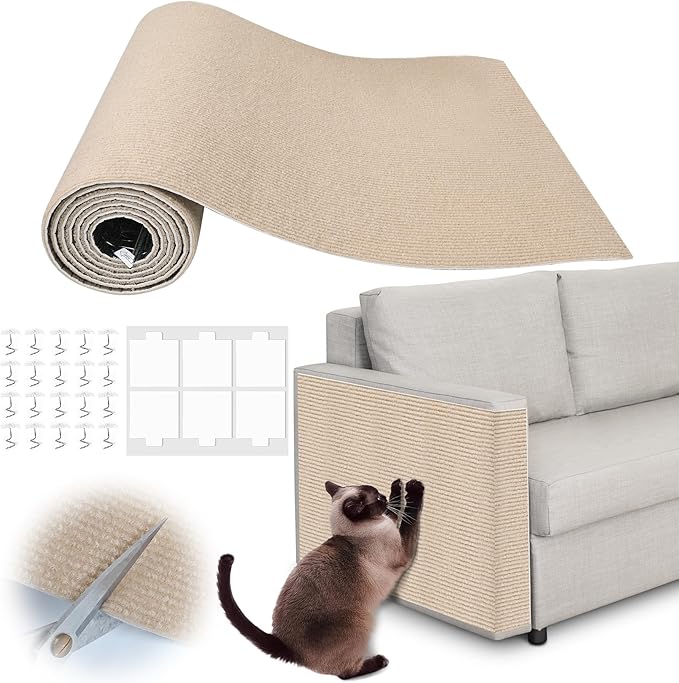 Cat Scratch Furniture Protector - 78.7" x 17" Trimmable Self-Adhesive Cats Claws Scratch Pads, DIY Cat Climbing Couch Protector for Scratch Post Cat Tree Replacement Indoor (Khaki)