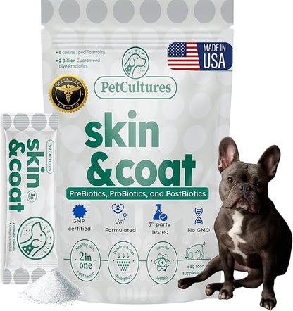 PetCultures Skin & Coat Tribiotic Dog Supplement Powder – Omega 3 & 6, Biotin, and Gut-Skin Axis Support, (10)