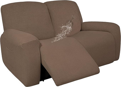 Easy-Going 100% Dual Waterproof Recliner Loveseat Cover, 6-Pieces Stretch Relining Sofa Cover with Pocket, Jacquard 2 Seat Sofa Slipcover Leakproof Washable (Loveseat, Brown)