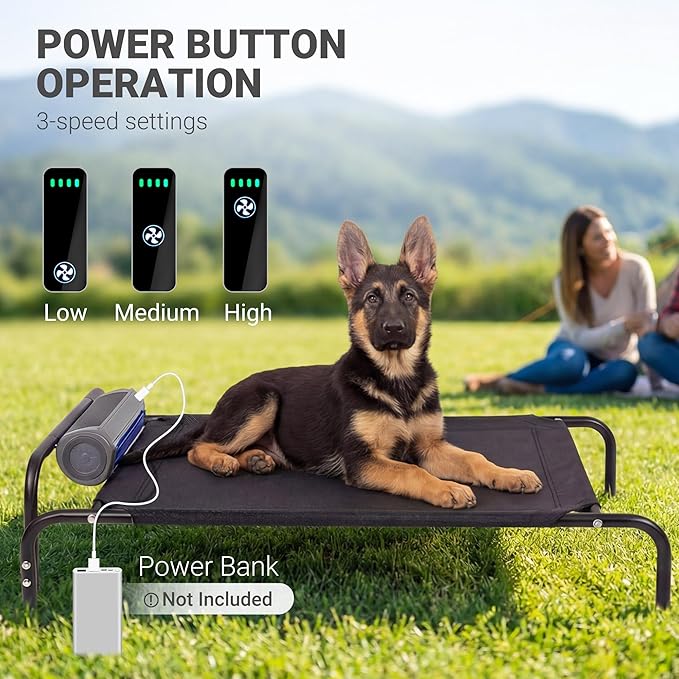 Tailwaggz Elevated Outdoor Dog Bed with Fan - Cooling Dog Bed for Large Dogs, Waterproof Cot Easy to Assemble, 3 Wind Speed, Raised Dog Bed with Washable Mesh Cover, Durable, Non Slip, Up to 85 lbs