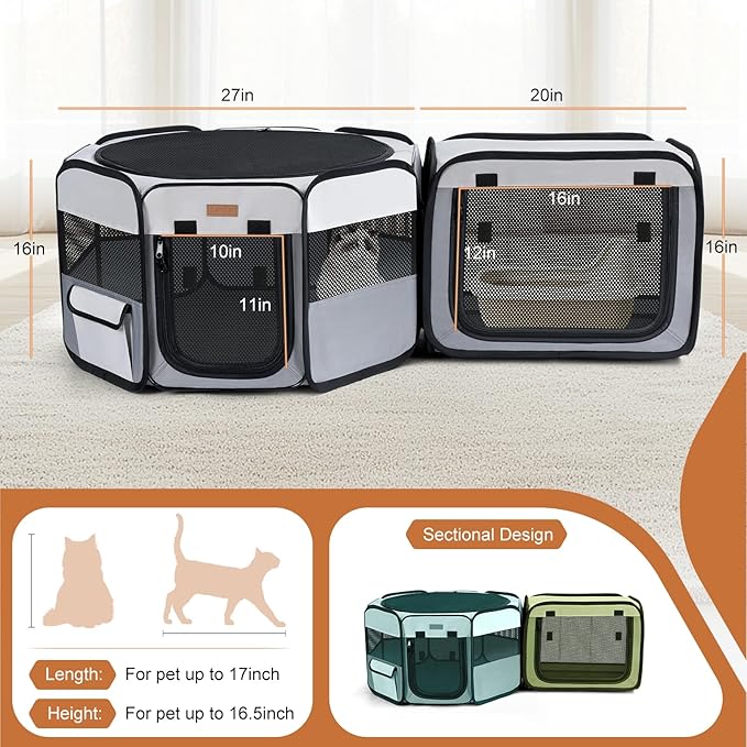 Lekereise Portable Cat Playpen, 47" × 16" Cat Playpen, 2-in-1 Dog Playpen Indoor Outdoor for Cats, Puppies and Small Pets, Independently Usable, with a Carry Bag