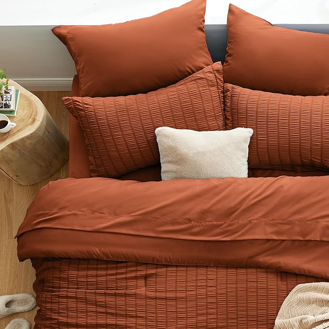 Love's cabin Seersucker Terracotta Full Comforter Set, 7-Piece All Season Lightweight Bed in a Bag Bedding Set with Comforter, Flat Sheet, Fitted Sheet, Pillowcases and Shams | Soft, Breathable, Lightweight