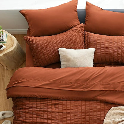 Love's cabin Seersucker Terracotta Twin Comforter Set, 5-Piece All Season Lightweight Bed in a Bag Bedding Set with Comforter, Flat Sheet, Fitted Sheet, Pillowcase and Sham | Soft, Breathable, Lightweight
