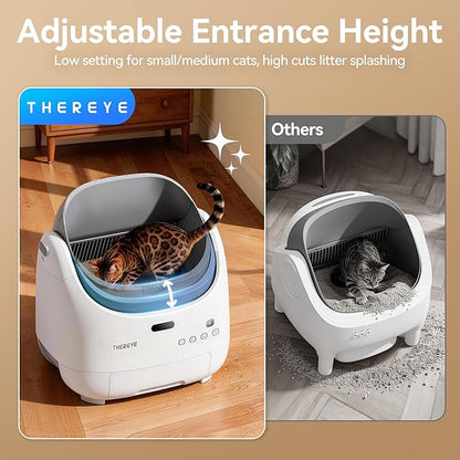 Thereye Self Cleaning Cat Litter Box, Open Top Automatic Litter Box for Multiple Cats, APP Control Smart Litter Box, Safety Sensors and Odor Control, Adjustable Entry Height Anti-Splash