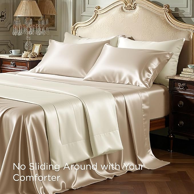 Bedsure Satin Sheets Queen Size - 4 Piece Silky Bedsheets with 15 Inches Deep Pocket Fitted Bedsheet,1 Flat Sheet, 2 Satin Pillowcases, Good for Hair & Skin (Queen, Khaki)