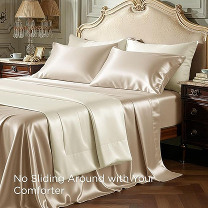 Bedsure Satin Sheets Queen Size - 4 Piece Silky Bedsheets with 15 Inches Deep Pocket Fitted Bedsheet,1 Flat Sheet, 2 Satin Pillowcases, Good for Hair & Skin (Queen, Khaki)