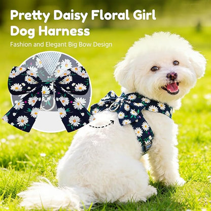 BAEJMJK Dog Harness and Leash Set with Bow Knot No Pull Pet Daisy Floral Harness with D-Ring Soft Mesh Dog Harness Vest Set Escape Proof Princess Puppy Harness for Small Girl Dogs Cats（Navy Blue L）