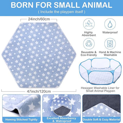 VitalCozy Hamster Playpen with Mat Small Animal Cage Tent Breathable Transparent Guinea Pig Playpen Waterproof Portable Yard Fence Mat Foldable Exercise Playpen Outdoor Indoor (Blue,Star)