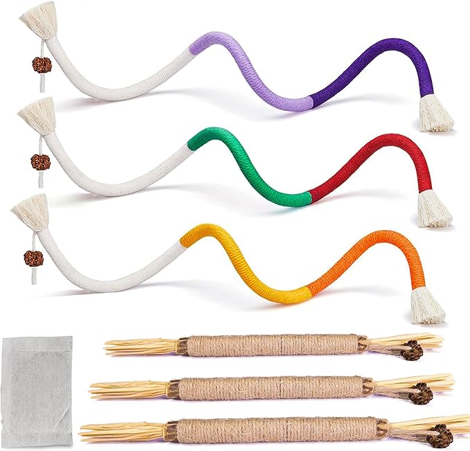 6 PCS Cat Chew Ropes & Silvervine Sticks, Cat Chew Toy Gale Fruit & Raffia for Stress and Anxiety Relief, Enrichment and Play, Kitten Teething Toys, Transfer Chewing from Wires to Cotton Rope