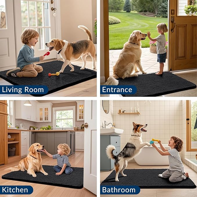 Smiry Dog Door Mat for Muddy Paws 34x21, Absorbs Moisture and Dirt Doormat, Non-Slip Washable Quick Dry Chenille Front Door Mat Indoor Entrance, Entryway Carpet for Inside Floor, Black