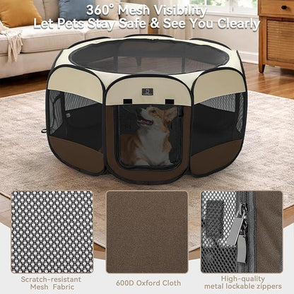 Dog Playpen for Small Dogs & Puppies, 50.39" Portable Indoor Outdoor Puppy Playpen with Bowl, Waterproof Floor, Foldable Pop-Up Pet Pen for Home, Travel & Daily Use, Brown+Beige