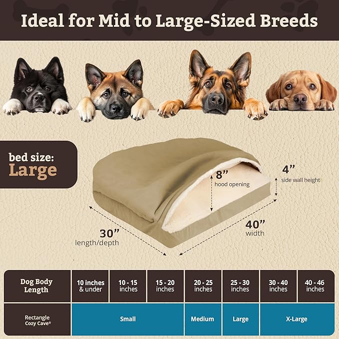 Snoozer Rectangle Cozy Cave Dog Bed - Indoor Dog Bed with Cover Cave, Covered Calming Burrow for Medium & Large Sized Pets with Blanket Attached, Enclosed, Washable Cover - Large, Khaki