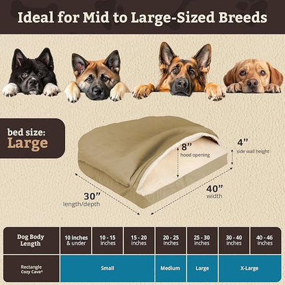 Snoozer Rectangle Cozy Cave Dog Bed - Indoor Dog Bed with Cover Cave, Covered Calming Burrow for Medium & Large Sized Pets with Blanket Attached, Enclosed, Washable Cover - Large, Khaki