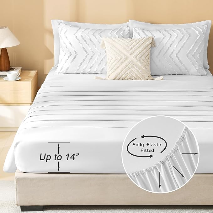 Litanika White Comforter Queen Size Set with Sheets - 7 Pieces Boho Bed in a Bag Chevron Tufted Complete Bedding Sets Lightweight All Season Bed Set with Comforter, Sheets, Pillowcases & Shams