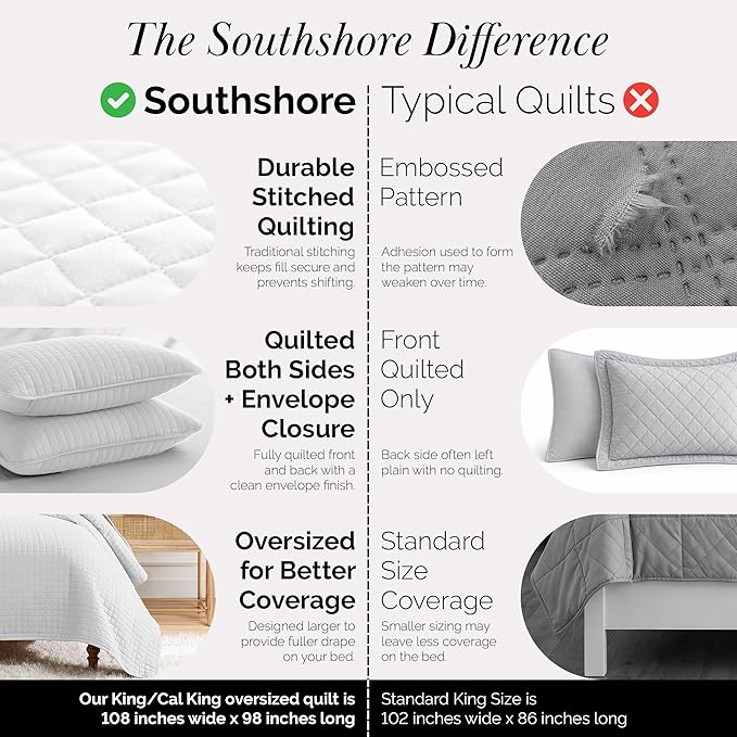 Southshore Fine Living, Inc. King Quilt Bedding Set with Shams, Coverlet Quilt King Size Bedspread, Luxury Bedding, Bed Spread for Kings/California Kings, Lightweight Quilted Comforter, White Quilts