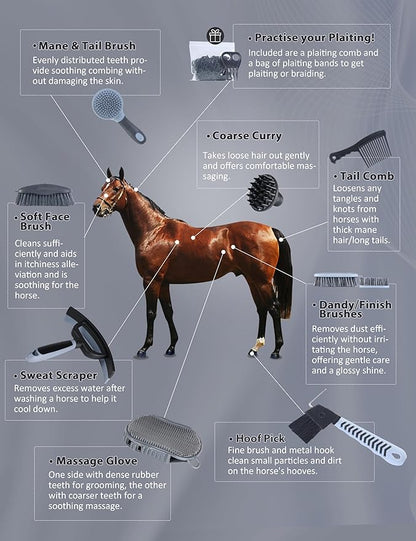 Harrison Howard Horse Grooming Kit 9 Piece with Tote, Non-Slip Silicone Grip Brush Set for Horses, Shedding Bathing Daily Care, Beginner Friendly Black