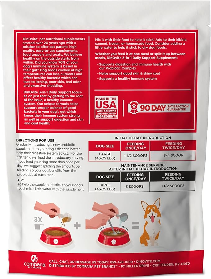 Dinovite Probiotic Supplement for Dogs, Omega 3, Hot Spot Relief, Skin & Coat Supplement, 90 Day Supply for Large Dogs