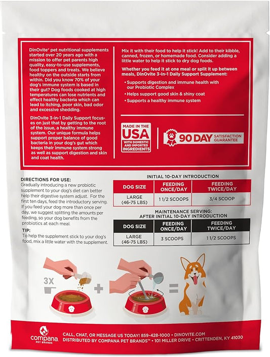Dinovite Probiotic Supplement for Dogs, Omega 3, Hot Spot Relief, Skin & Coat Supplement, 90 Day Supply for Large Dogs