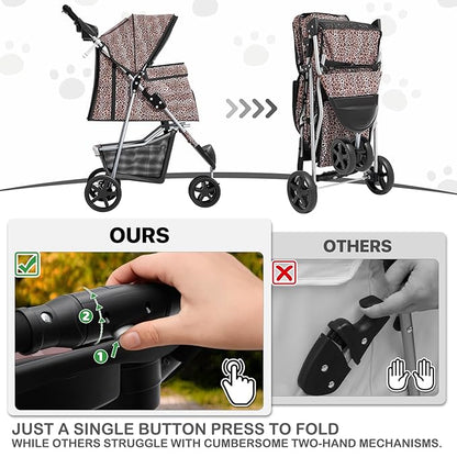 MoNiBloom 3 Wheels Pet Dog Cat Stroller for Small Medium Dogs Cats, Lightweight Foldable Jogger Stroller w/Storage Basket & Cup Holder, Leopard Print