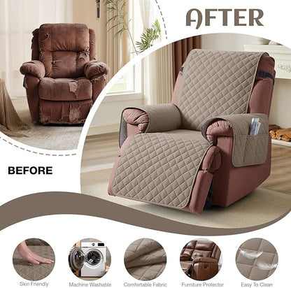 KinCam 100% Waterproof Recliner Chair Cover, Reclining Couch Covers for Pets, Dogs, Recliner Couch Slipcover Furniture Protector with Elastic Straps for Kids(23.6", Taupe)