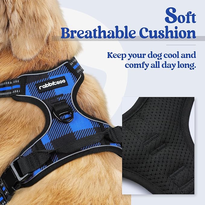 rabbitgoo Dog Harness No Pull with 2 Leash Clips, Adjustable Soft Padded, Reflective Oxford No Choke Pet Vest with Easy Control Handle for Large Dogs, Blue Plaid, L