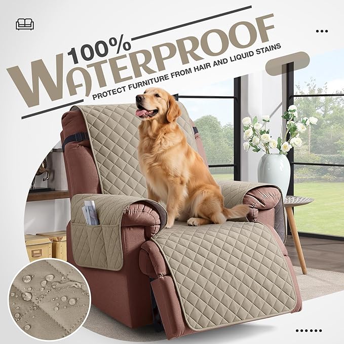 KinCam 100% Waterproof Recliner Chair Cover, Reclining Couch Covers for Pets, Dogs, Recliner Couch Slipcover Furniture Protector with Elastic Straps for Kids(30", Khaki)