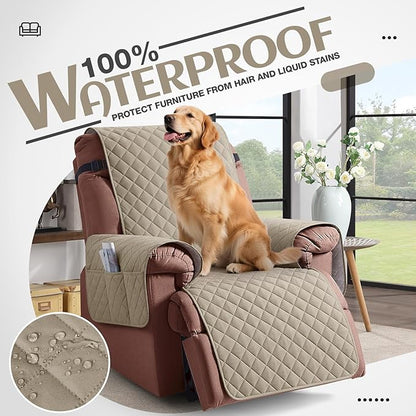 KinCam 100% Waterproof Recliner Chair Cover, Reclining Couch Covers for Pets, Dogs, Recliner Couch Slipcover Furniture Protector with Elastic Straps for Kids(30", Khaki)