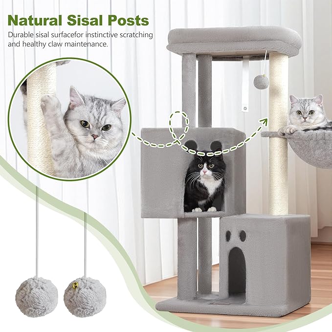 Small Cat Tree Tower for Indoor Cats, 40 in Medium Compact Adults Cat Beds Trees with 2 Condos, Sisal Scratching Post, Large Perch Platform, Multi-Level Kitty Kitten Climbing Stands House(Light Grey)