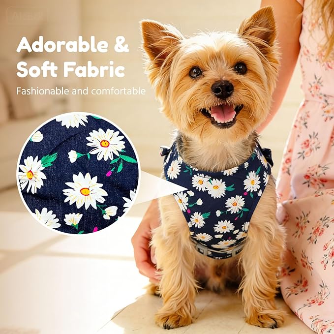 BAEJMJK Dog Harness and Leash Set with Bow Knot No Pull Pet Daisy Floral Harness with D-Ring Soft Mesh Dog Harness Vest Set Escape Proof Princess Puppy Harness for Small Girl Dogs Cats（Navy Blue XS）