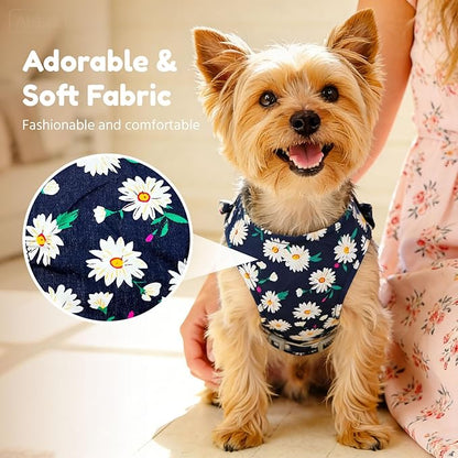 BAEJMJK Dog Harness and Leash Set with Bow Knot No Pull Pet Daisy Floral Harness with D-Ring Soft Mesh Dog Harness Vest Set Escape Proof Princess Puppy Harness for Small Girl Dogs Cats（Navy Blue L）