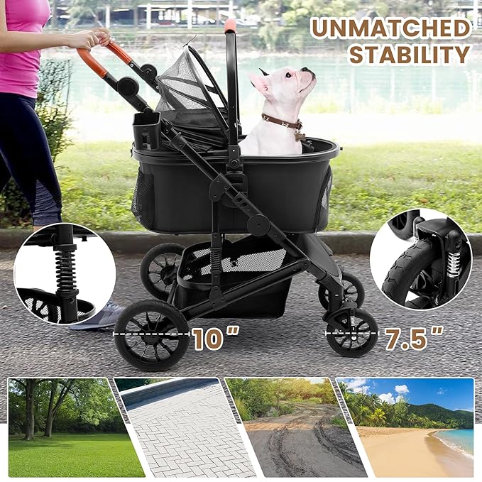 Bicystar Pet Stroller for Medium Dogs, Smooth-Ride Dog Stroller with Detachable Carrier, Rubber Wheels, Car Seat Combo 3-in-1, Up to 50 lbs, for Senior Dogs & Cats, Black