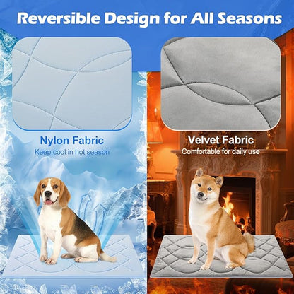 Dog Cooling Mat, 48'' × 28'' Large, Self-Cooling Mat for Dog Reversible (Cool & Warm), Double-Sided Pet Cool Pads for Crate, Kennel, Machine Washable Summer Blanket, Non-Gel, Blue + Grey