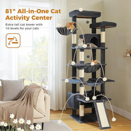 MUTTROS 81 Inch Tall Cat Tree for Big Cats & Multi-Cat Homes, Large Heavy Duty Cat Tower with Metal Frame Hammock, 6 Scratching Posts, 2 Condos, 2 Perches, Scratching Pad - Dark Grey