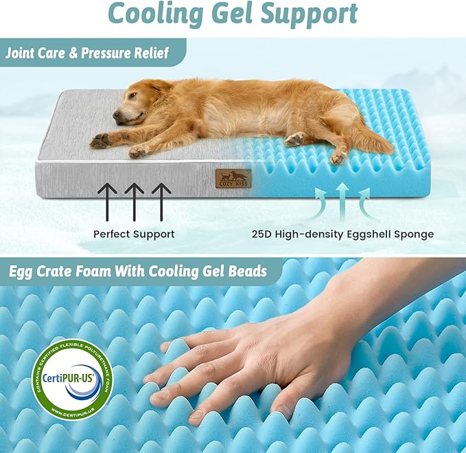 COZY KISS Cooling Dog Bed for Crate, Waterproof Dog Crate Mat with Removable Washable Cover, Orthopedic Egg Crate Foam Support, Small Dog Bed 24x16x3 Inch,Silver Grey