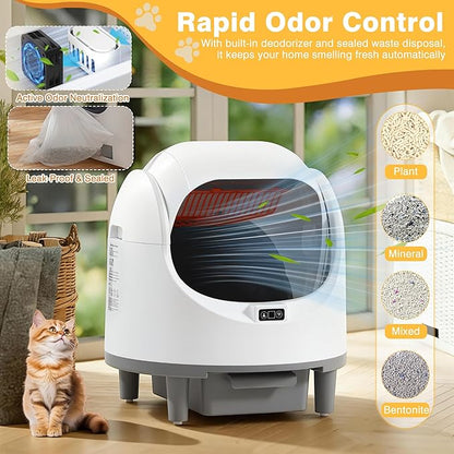 Open Top Self-Cleaning Litter Box with 80L Large Capacity for Multiple Cats, Features Odor-Free Waste Disposal, Safety Sensor, App Control via 2.4 GHz Wi-Fi, Includes 2 Roll Garbage Bags