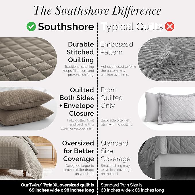 Southshore Fine Living, Inc. Quilt Comforter Twin XL Bedding Set for College Dorm Room, Bedding Essentials, Stain Resistant, Machine Washable Bed Spread, XL/Twin Comforter Set with Sham, Dark Taupe