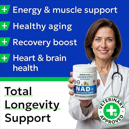 BARK&SPARK NAD+ for Dogs - Advanced Longevity Formula for Healthy Aging - Resveratrol, Quercetin & Nicotinamide - NMN Alternative for Senior Dog Vitality & Brain Health - Peanut Butter - 90 Ct
