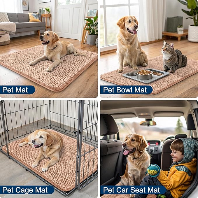 Smiry Dog Door Mat for Muddy Paws 47x32, Absorbs Moisture and Dirt Doormat, Non-Slip Washable Quick Dry Chenille Front Door Mat Indoor Entrance, Entryway Carpet for Inside Floor, Peach